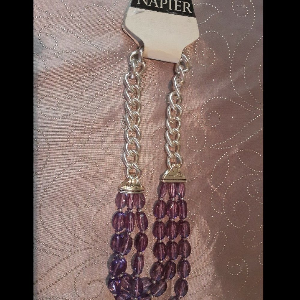 Napier Adjustable Silvertone 3 Strand Purple Oval Bead Necklace